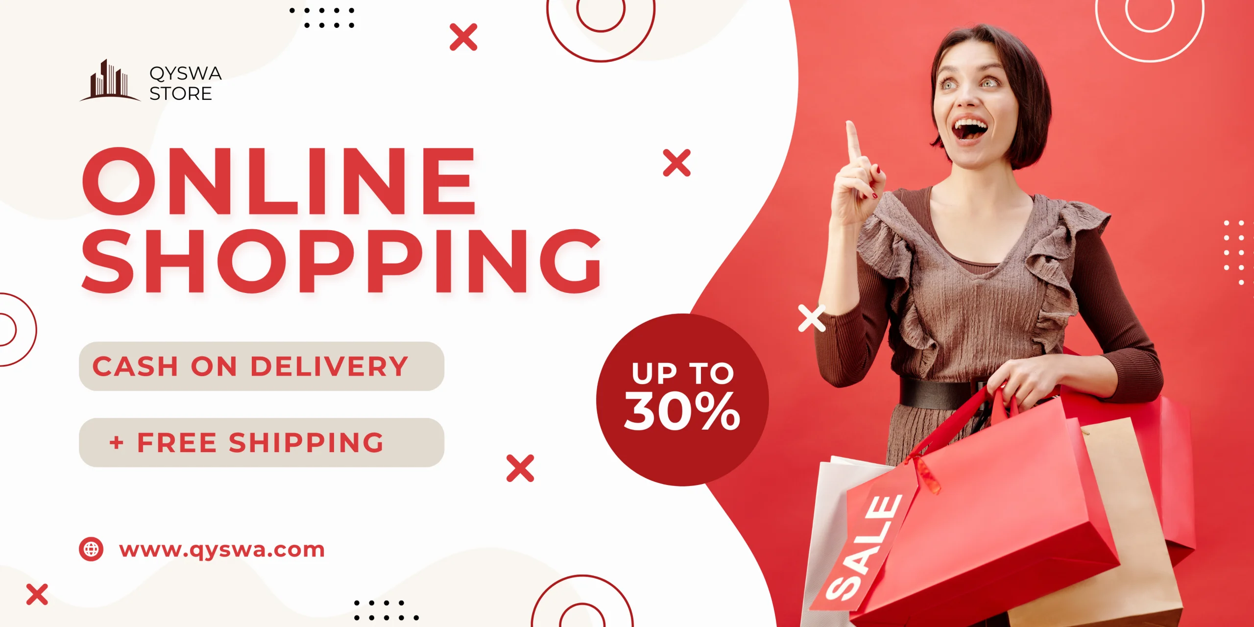 Qyswa online shopping store homepage banner featuring fashion, beauty, perfumes, electronics, home essentials, and exclusive deals with free shipping.